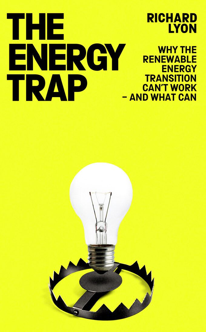 The Energy Trap by Richard Lyon &mdash; book cover: a lightbulb resting in the jaws of a steel trap on an acid-yellow field